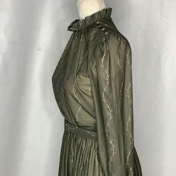Vintage 70s Secretary Midi Dress Womens M Green Paisley Ruffle Collar Belted - Picture 5 of 9
